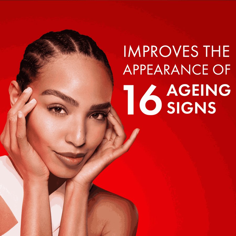 Woman with hands on face against a red background with text about improving ageing signs.