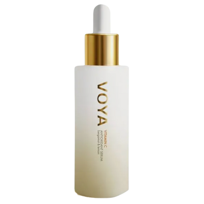 A bottle of VOYA Vitamin C Antioxidant Serum with a dropper cap.
