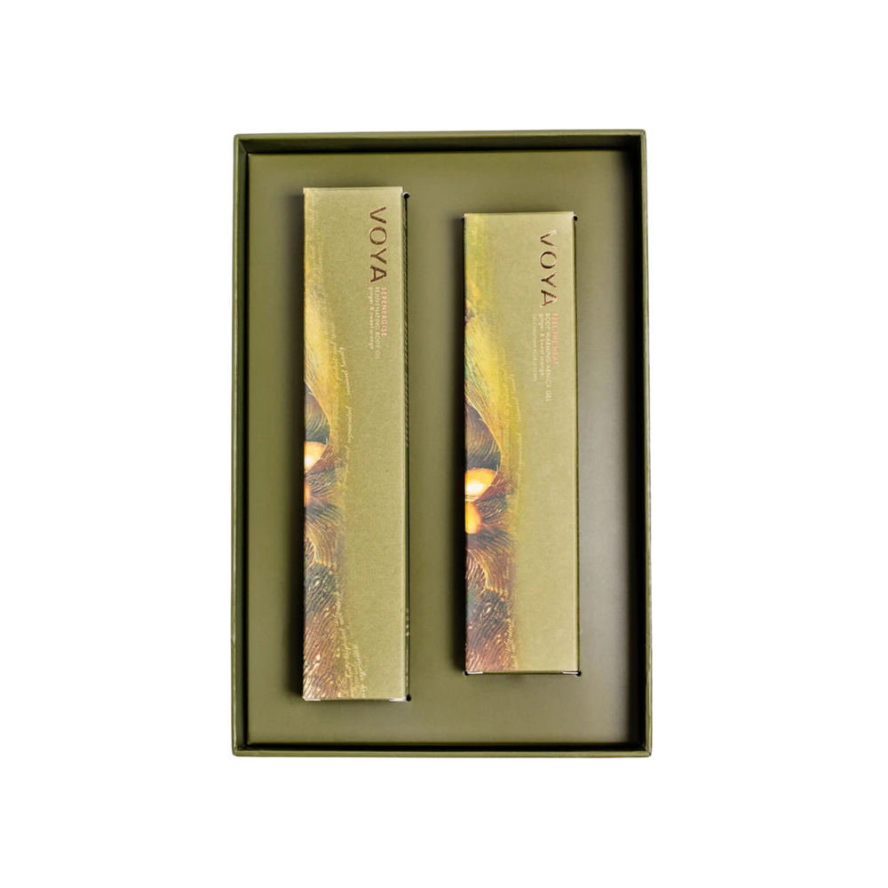 VOYA Land of Resilience Bodycare Recovery Duo, Feel the Heat Body Warming Gel (100ml), Serenergise Rejuvenating Body Oil (100ml) in box