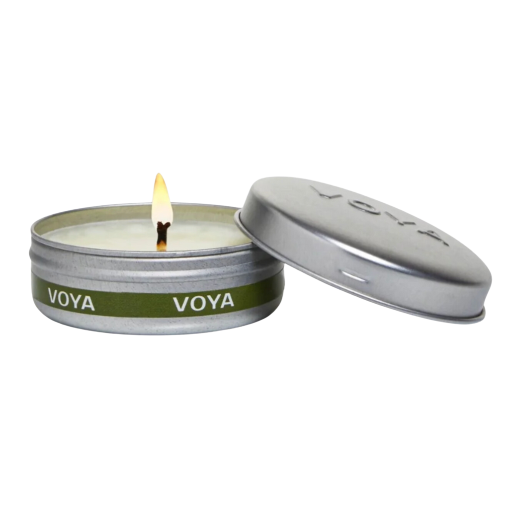 Voya candle in a tin with lid on a white background