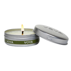 Voya candle in a tin with lid on a white background