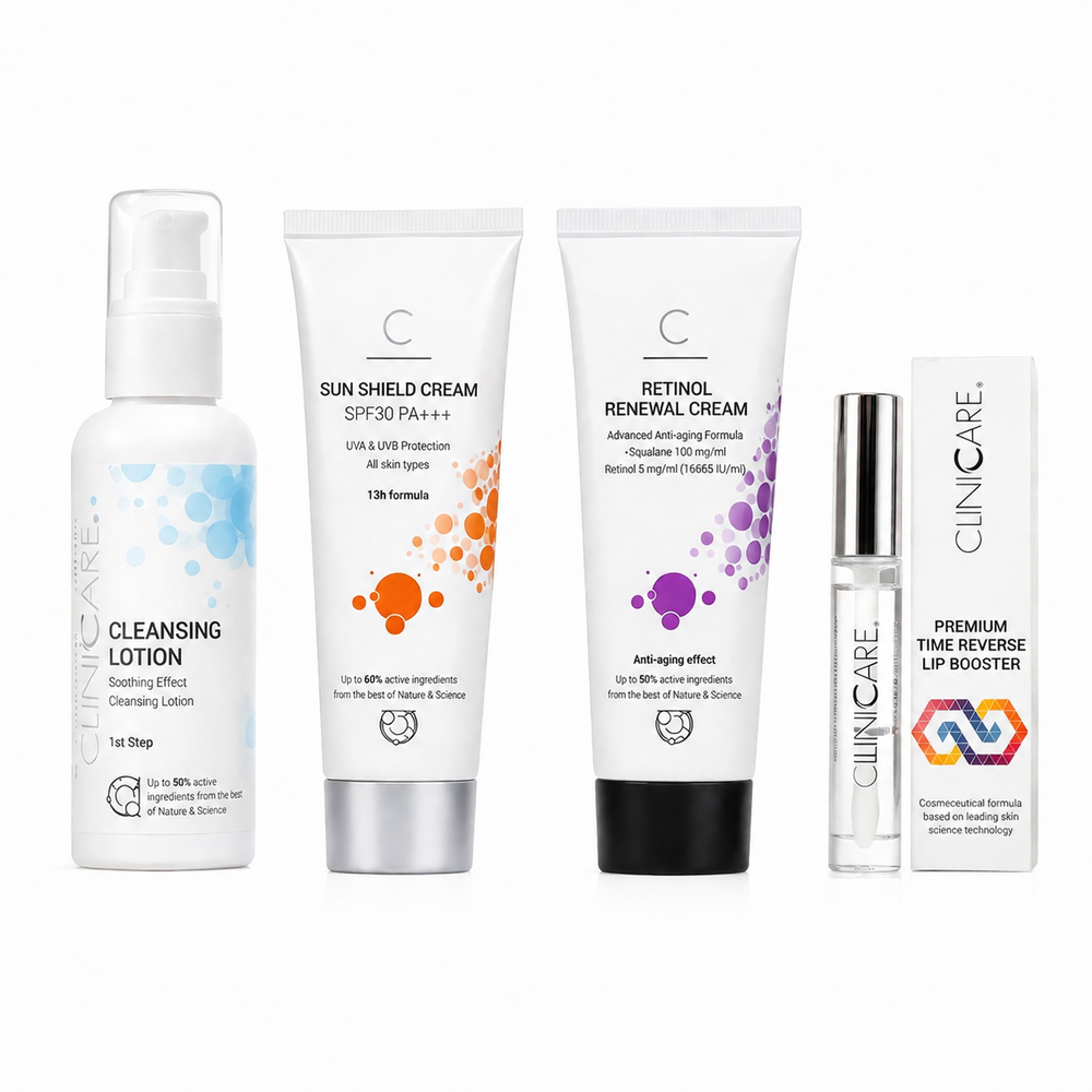 ClinicCare Cleansing Lotion, Sun Shield Cream, Retinol Renewal Cream and Lip Booster four-product bundle