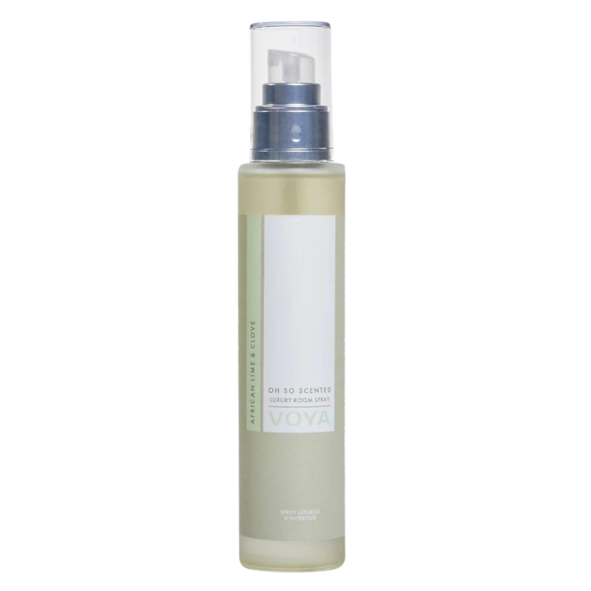 A clear bottle of Voya Oh So Scented Luxury Room Spray with a white label and spray nozzle, filled with a yellow liquid.