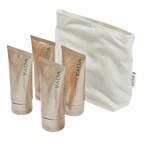 Set of Voya skincare products including tubes and a pouch on a white background