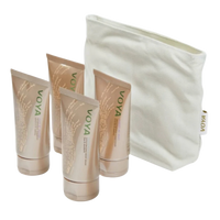 Set of Voya skincare products including tubes and a pouch on a white background