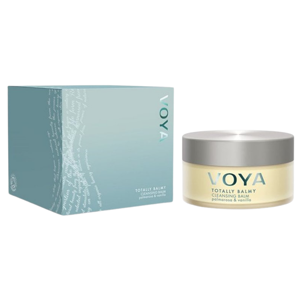A product image featuring a jar labeled 'VOYA' next to its blue box packaging. The jar contains a cleansing balm and the box is marked with the same brand.