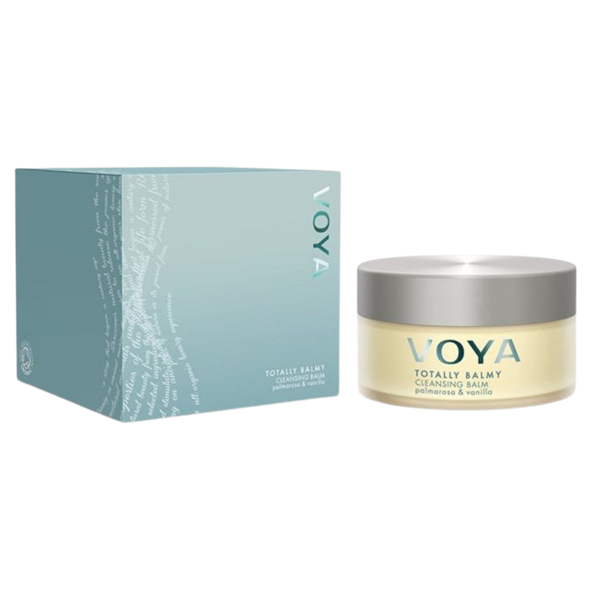 A product image featuring a jar labeled 'VOYA' next to its blue box packaging. The jar contains a cleansing balm and the box is marked with the same brand.