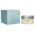 A product image featuring a jar labeled 'VOYA' next to its blue box packaging. The jar contains a cleansing balm and the box is marked with the same brand.