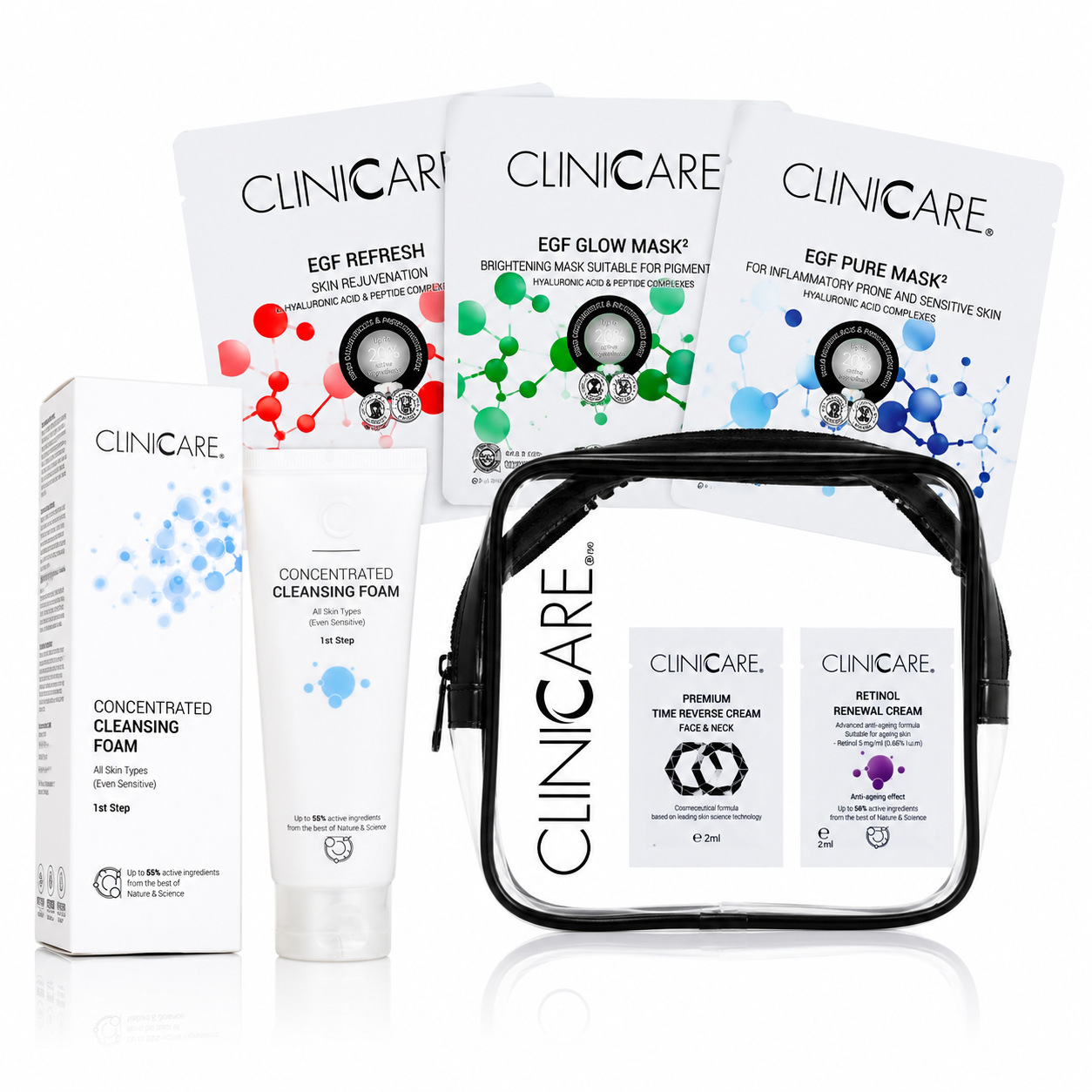 ClinicCare Concentrated  Cleanser, 3 EGF Sheet Mask, Free Travel Bag And Free Samples Bundle