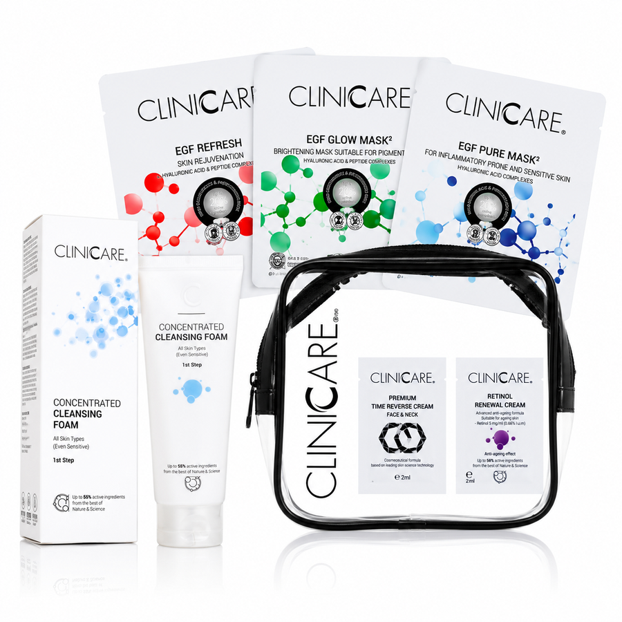 ClinicCare Concentrated  Cleanser, 3 EGF Sheet Mask, Free Travel Bag And Free Samples Bundle