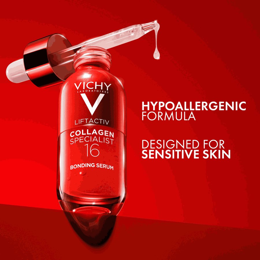 Vichy Liftactiv Collagen Specialist serum bottle with dropper on a red background