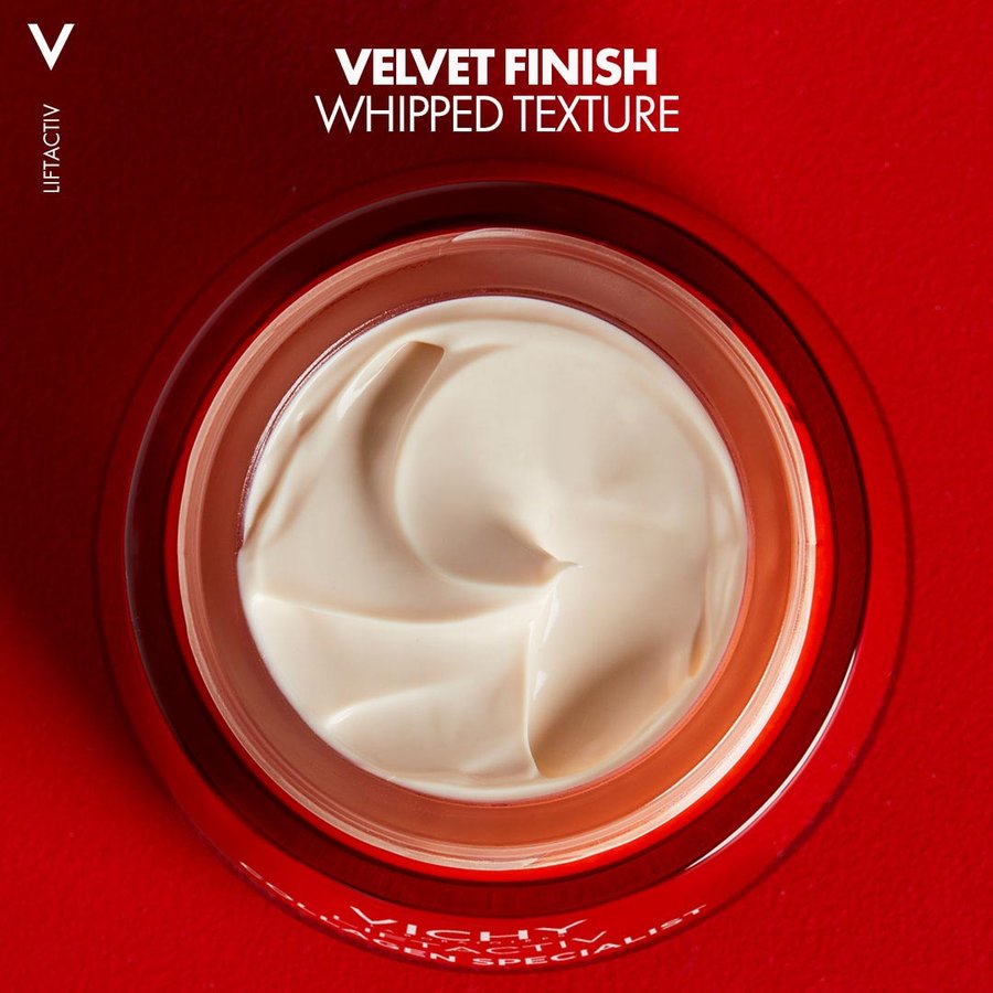 Red container of Vichy cream with whipped texture on a red background