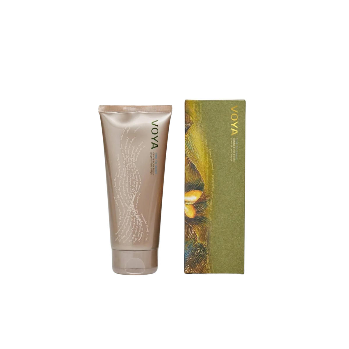 Voya Time To Shine Gentle Body Polish in gold tube packaging next to it 