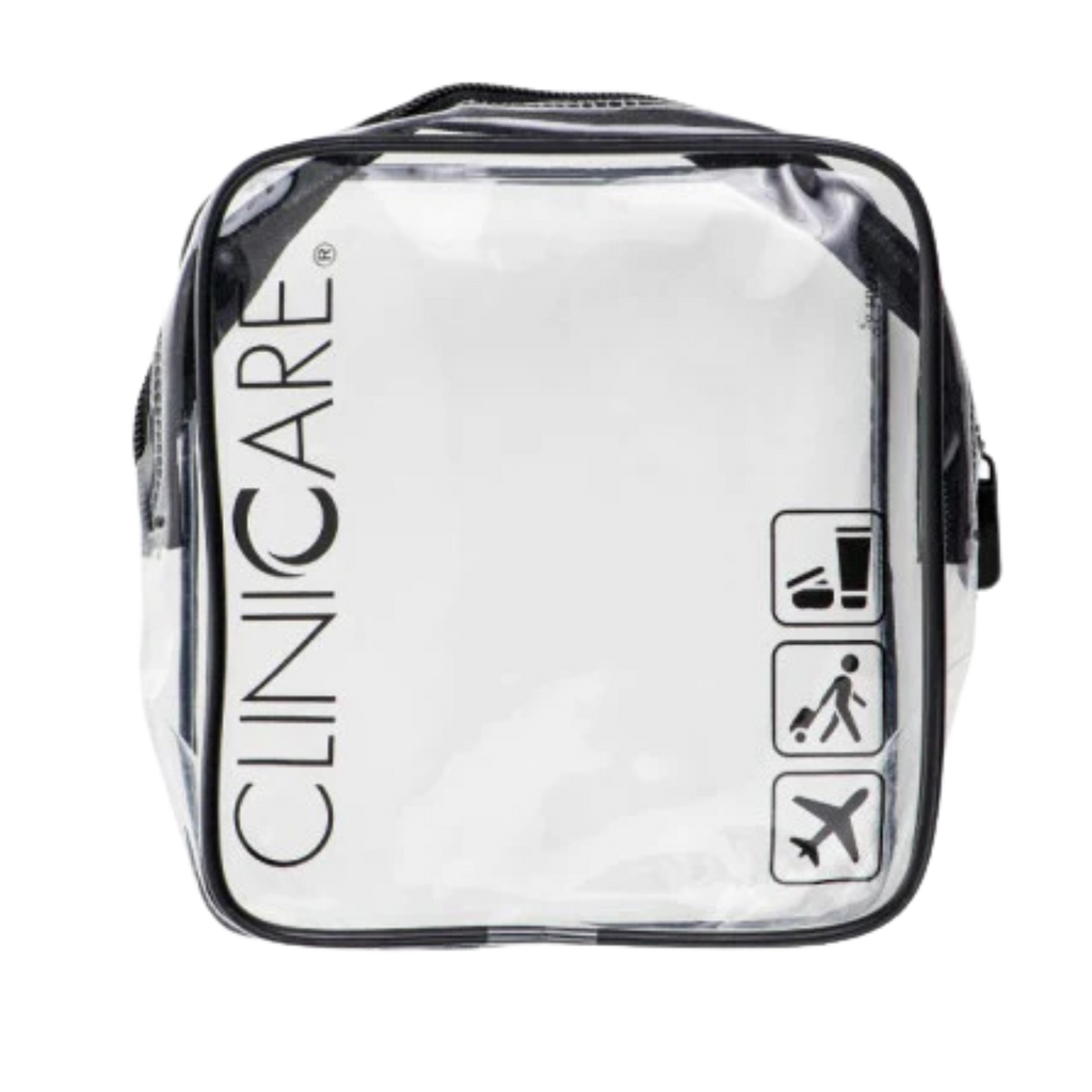 ClinicCare clear travel toiletry bag with black zip and travel icons on white background