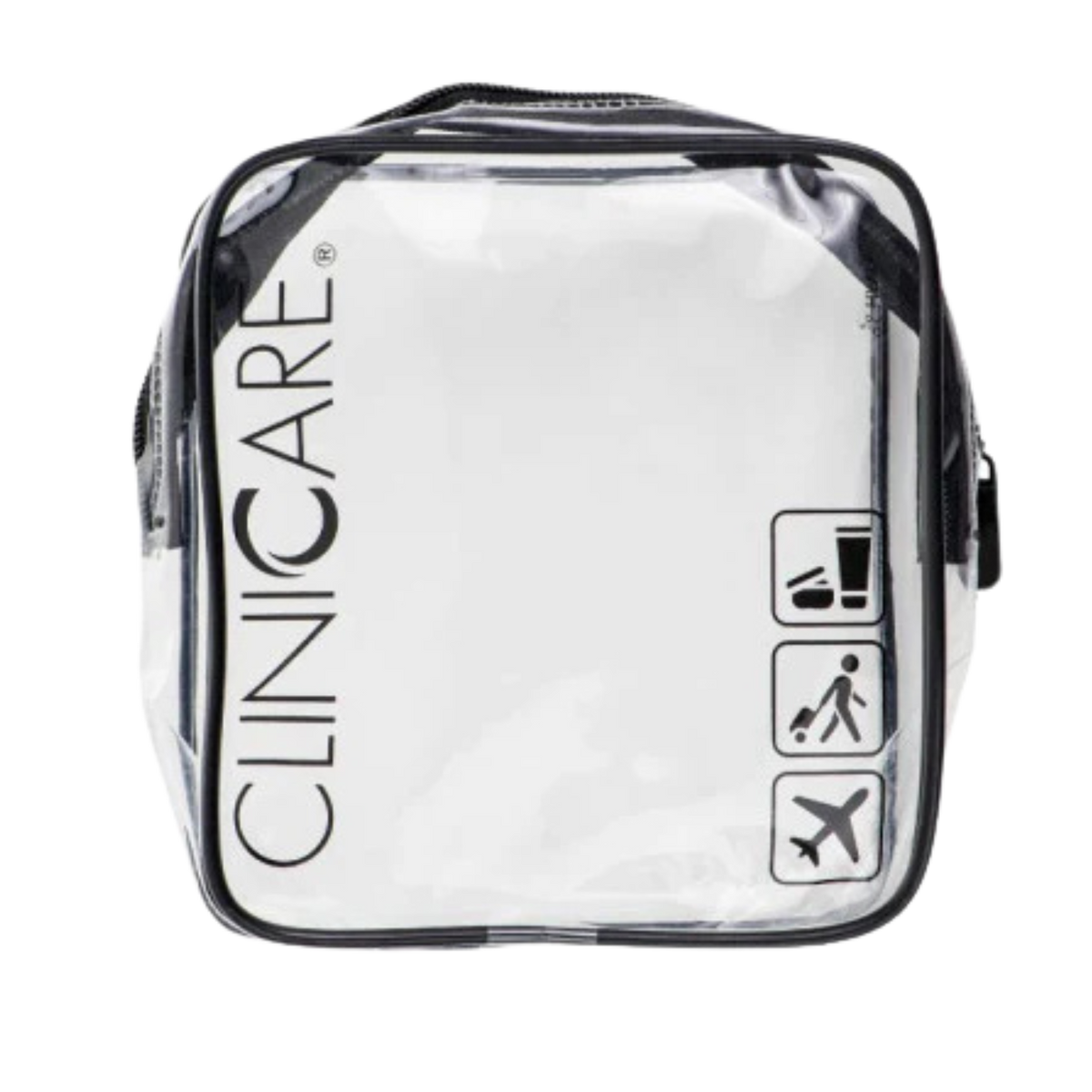 ClinicCare clear travel toiletry bag with black zip and travel icons on white background