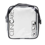 ClinicCare clear travel toiletry bag with black zip and travel icons on white background
