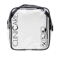 ClinicCare clear travel toiletry bag with black zip and travel icons on white background