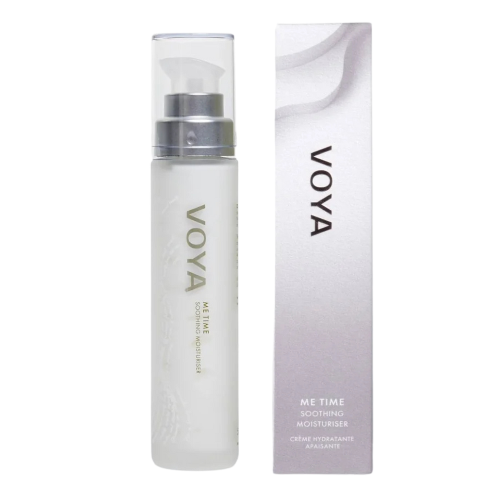 Voya Me Time Soothing Moisturiser in a glass bottle with pump dispenser and clear plastic lid standring next to its branded box packaging 