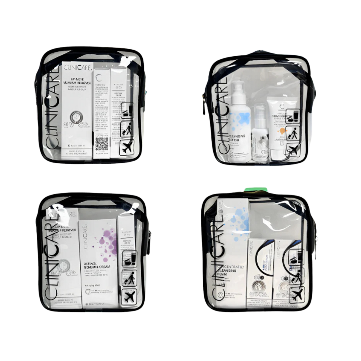 Four ClinicCare clear travel bags filled with different skincare product combinations