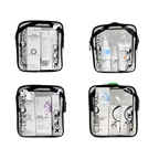 Four ClinicCare clear travel bags filled with different skincare product combinations