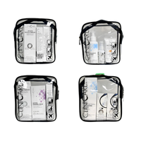 Four ClinicCare clear travel bags filled with different skincare product combinations