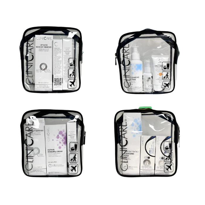 Four ClinicCare clear travel bags filled with different skincare product combinations