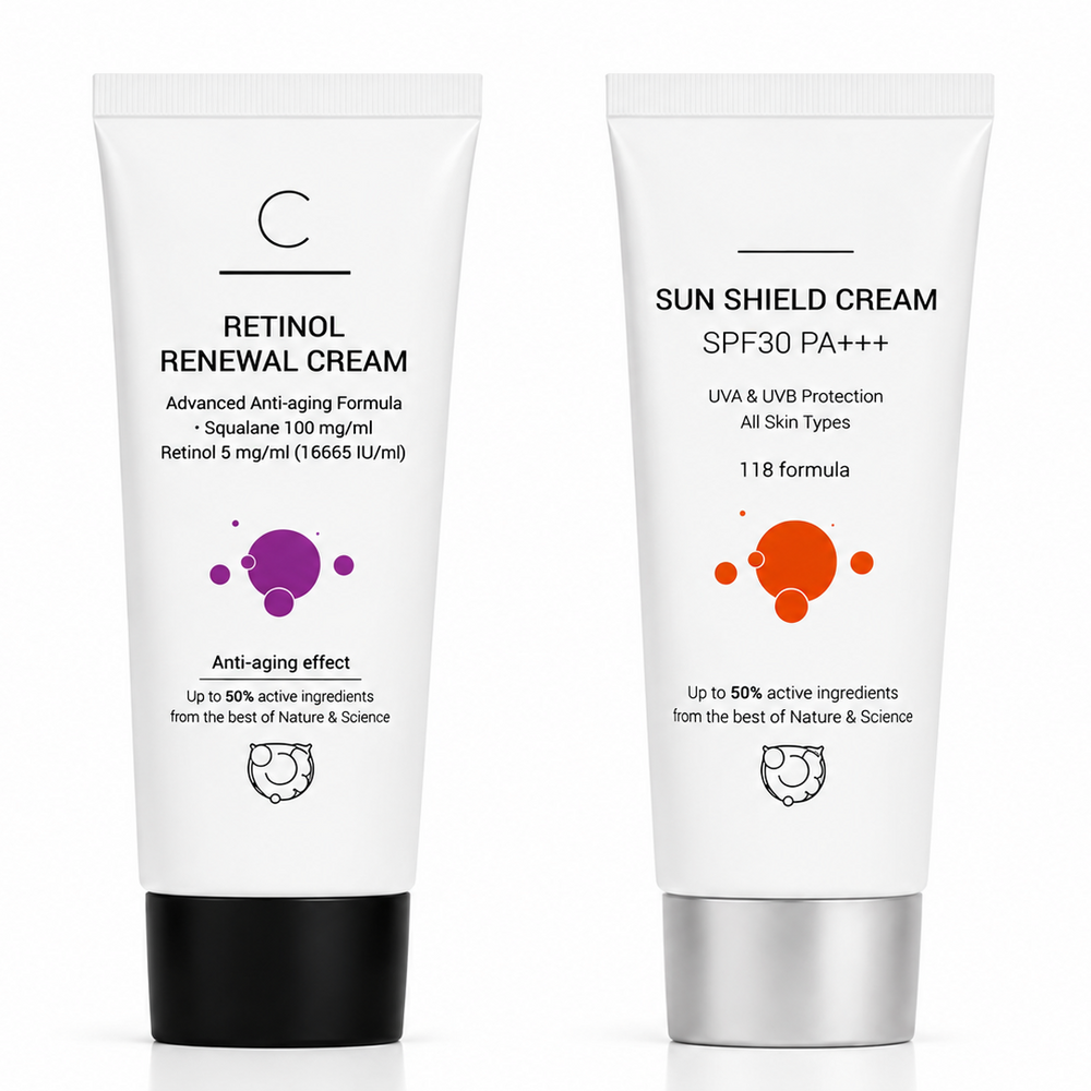 Two skincare cream tubes, one labeled 'Retinol Renewal Cream' and the other 'Sun Shield Cream SPF 30 PA+++', on a white background.