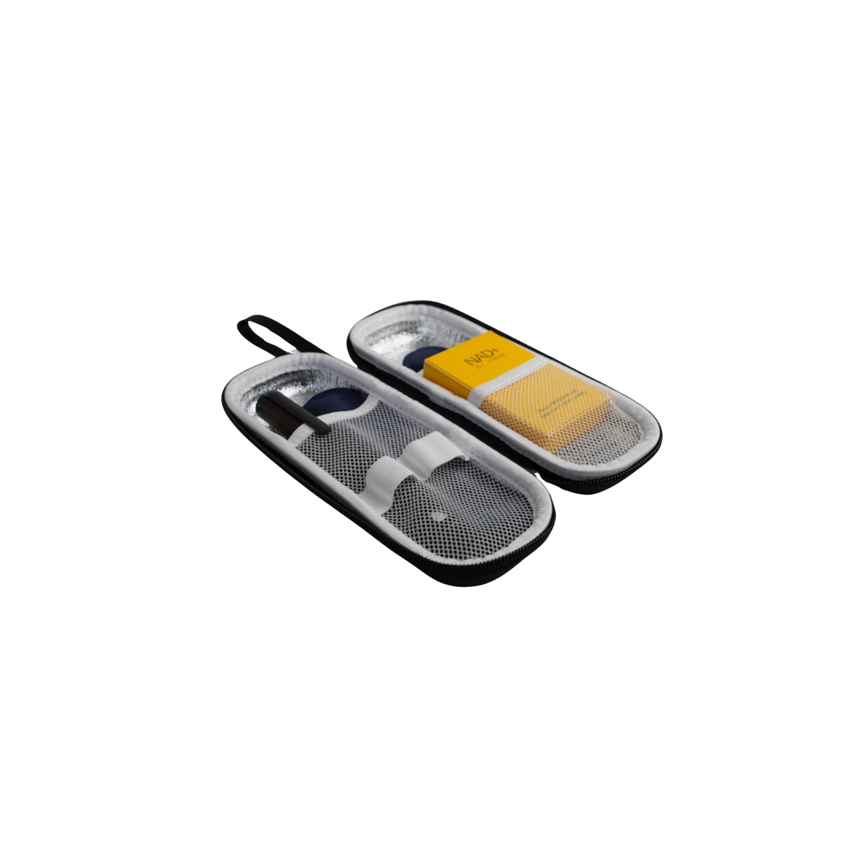 A  NAD+ At Home Injection Pen kit including a premium auto-injector pen, two cartridges, a travel case, micro-needles, antibacterial wipes, and a sharps bin.