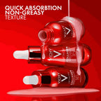 Vichy LiftActiv Collagen Specialist serum bottles on a red background with text about quick absorption and non-greasy texture.