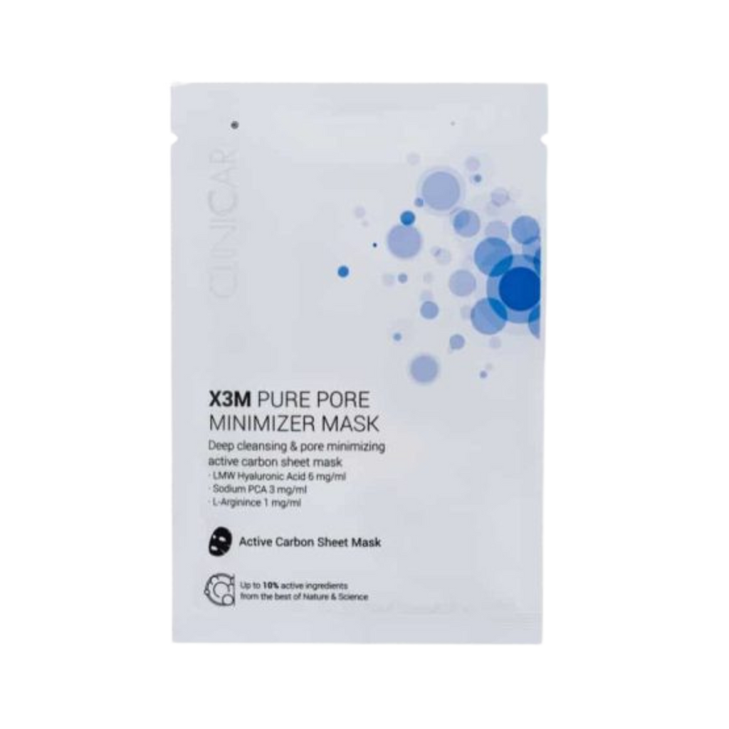 ClinicCare X3M Pure Pore Minimizer active carbon sheet mask packet on white background