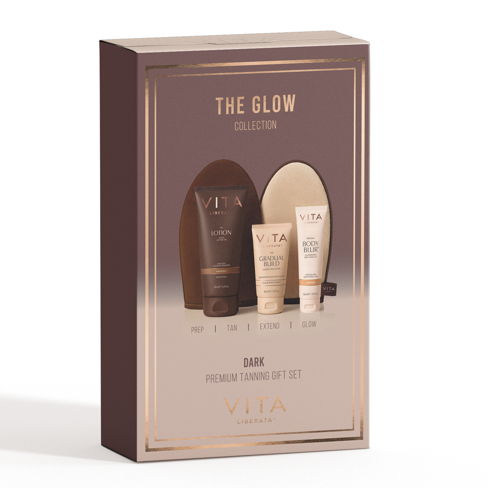Vita Liberata The Glow' tanning set packaging on a white background
