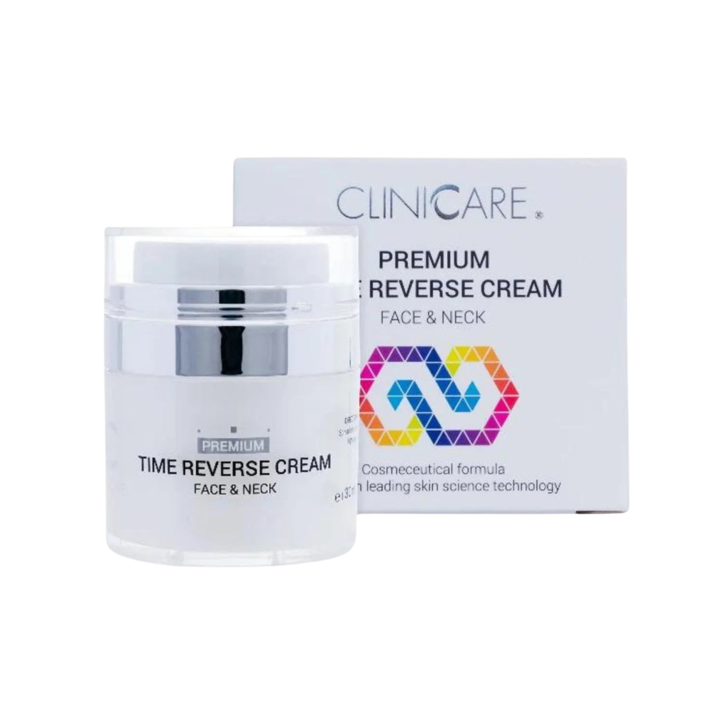 ClinicCare Premium Time Reverse Cream jar and box on black background