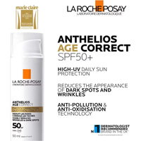 La Roche-Posay Anthelios Age Correct SPF50+ sun protection with text on a white background