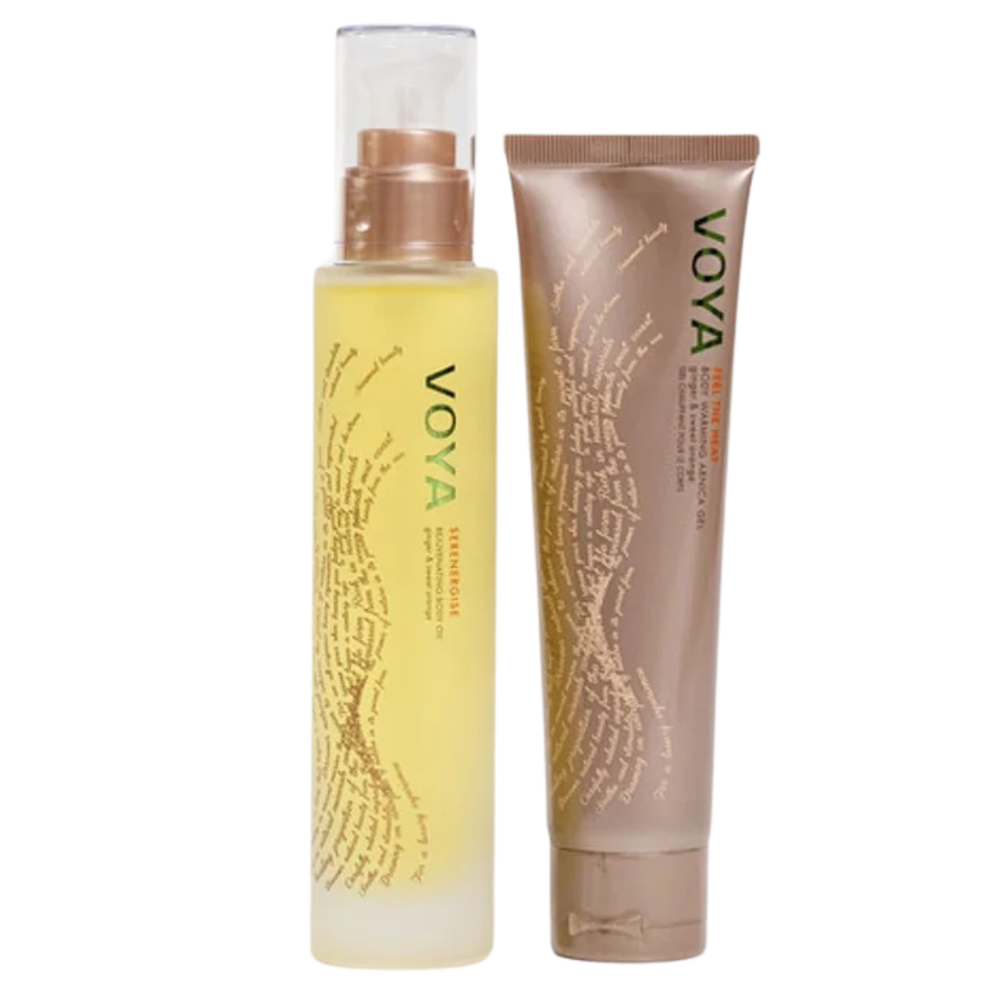 VOYA Land of Resilience Bodycare Recovery Duo, Feel the Heat Body Warming Gel (100ml), Serenergise Rejuvenating Body Oil (100ml)