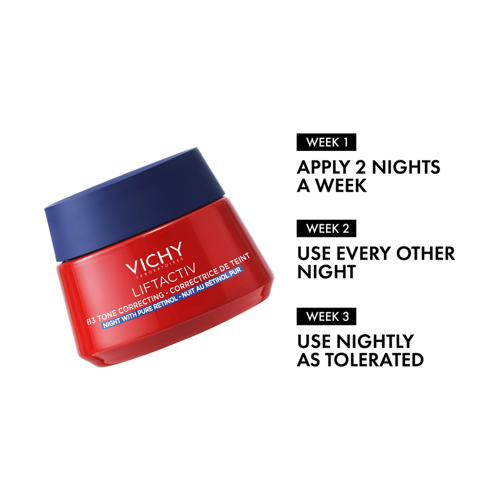 Vichy Liftactiv BB Tone Correcting Night Cream jar with usage instructions on a white background