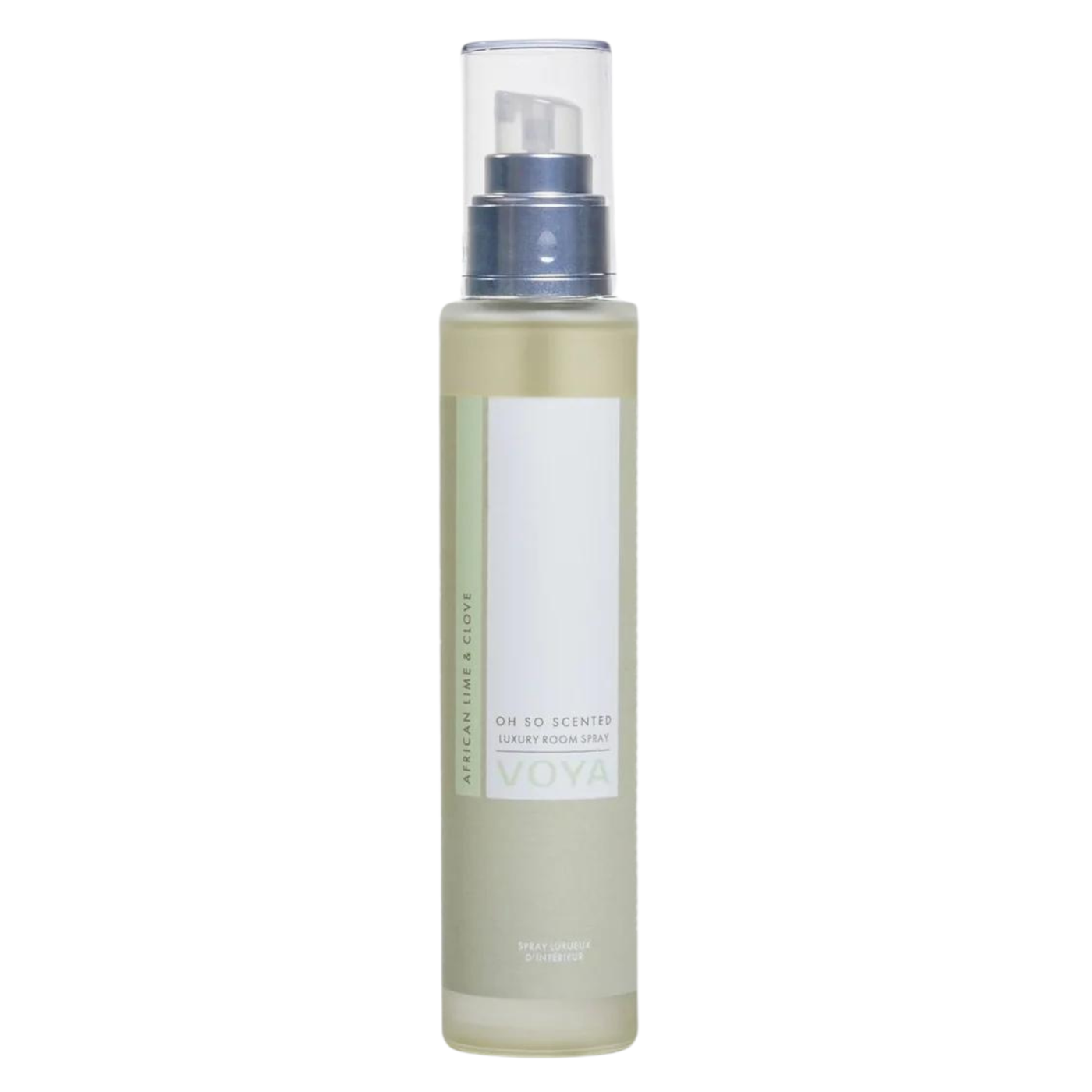 A clear bottle of Voya Oh So Scented Luxury Room Spray with a white label and spray nozzle, filled with a yellow liquid.