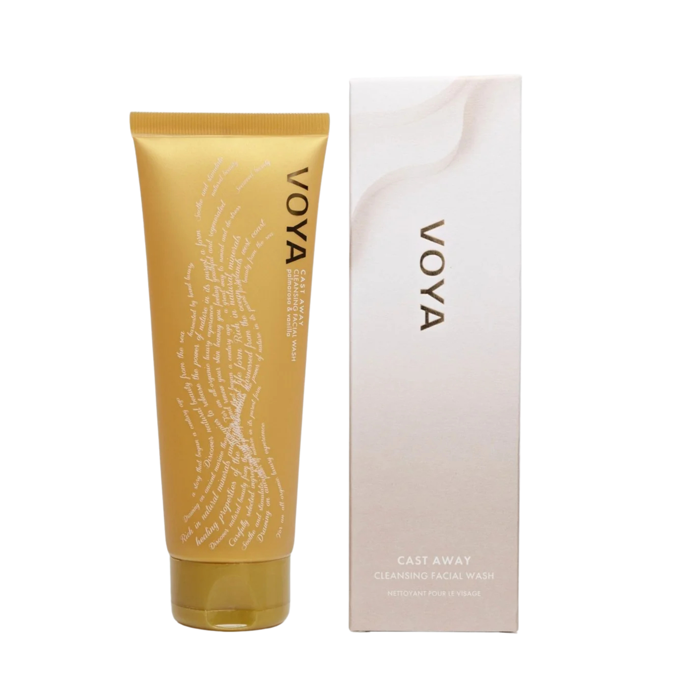 Voya Cast Away Cleansing Facial Wash in gold tube packaging next to its box