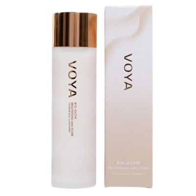 Voya Bio-Glow skincare bottle and packaging on a white background
