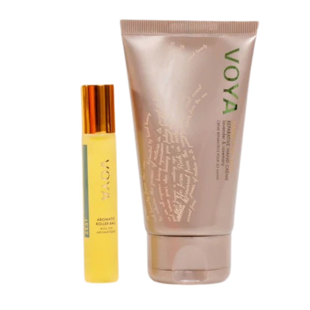 VOYA Land of Youth Hand & Aromatherapy Duo gift set cracker with Handy to Have Reparative Hand Lotion (10ml) and Zest Aromatic Rollerball (10ml)
