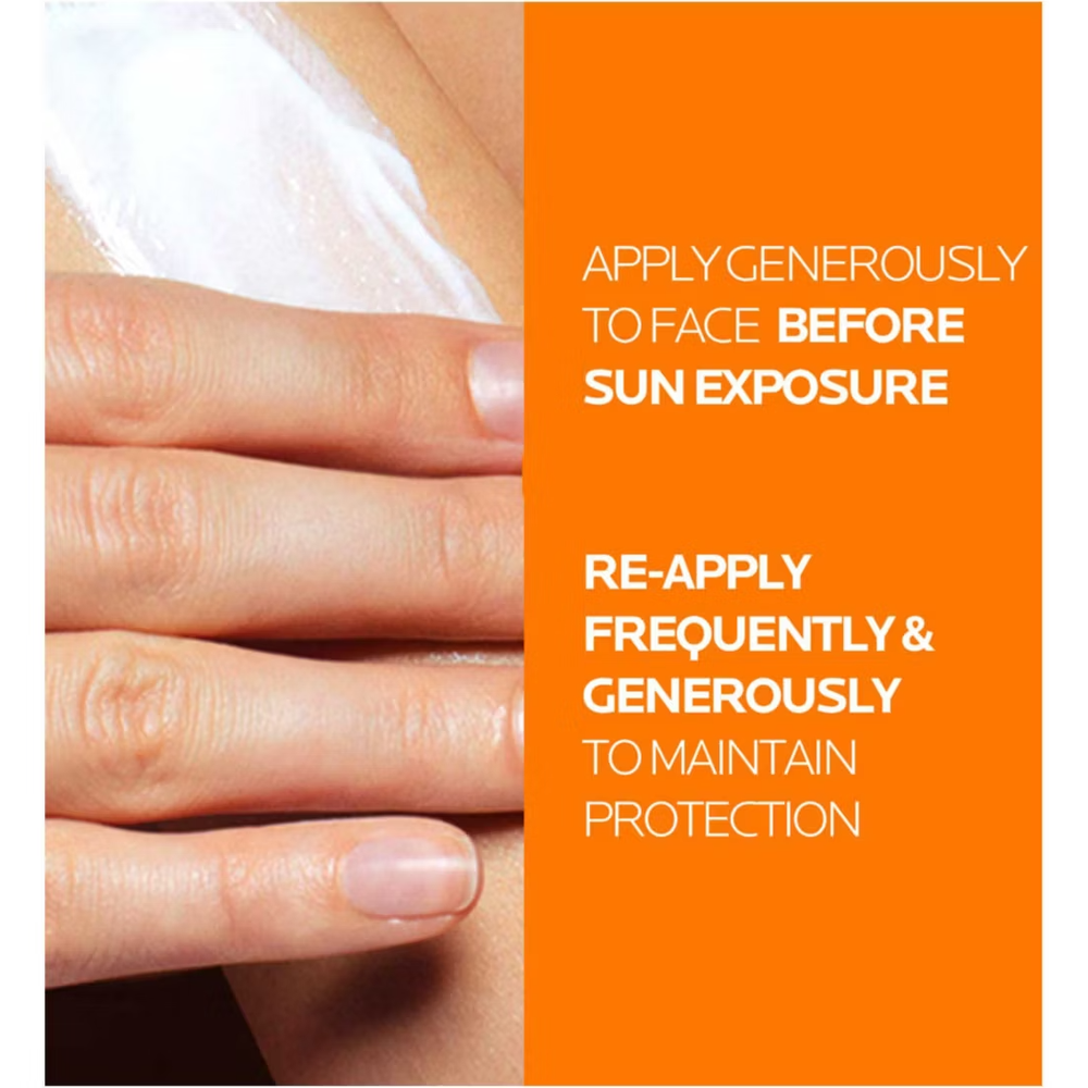 Hand applying sunscreen with text on an orange background