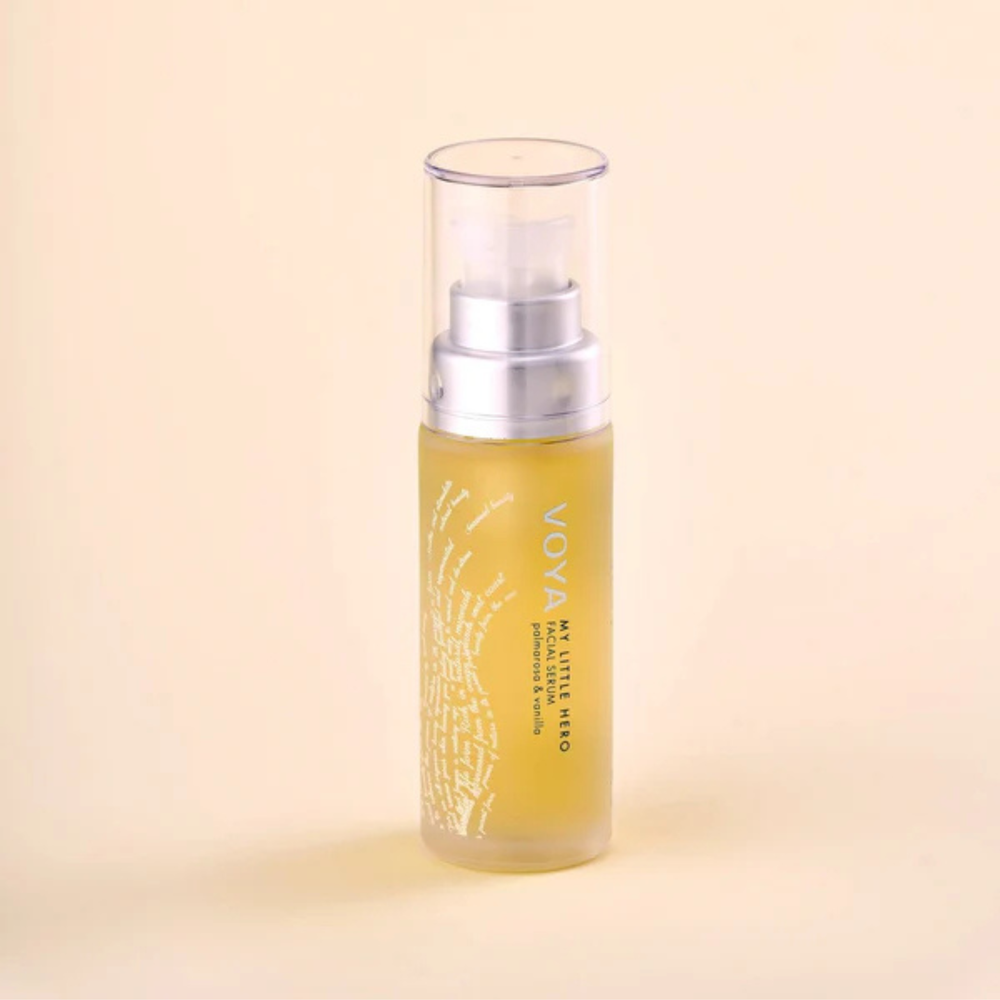 Voya My Little Hero Facial Serum in glass bottle with pump and clear plastic lid