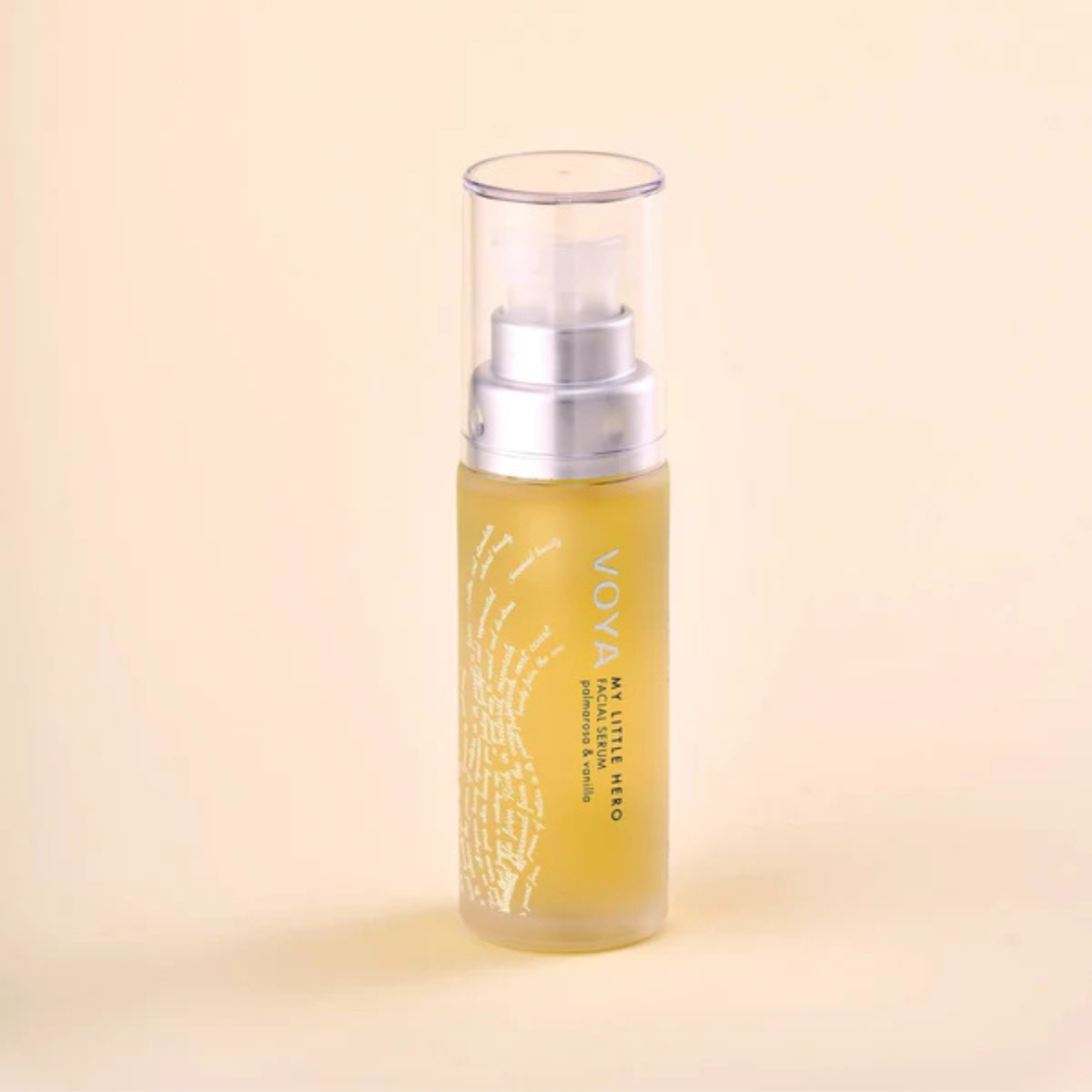 Voya My Little Hero Facial Serum in glass bottle with pump and clear plastic lid