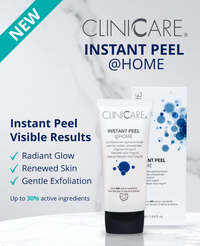 ClinicCare Instant Peel at Home promotional image highlighting radiant glow and gentle exfoliation