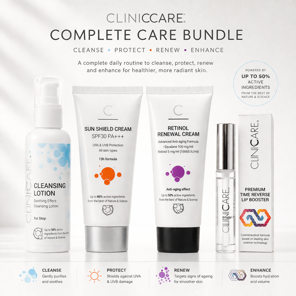 ClinicCare Complete Care Bundle promotional graphic with routine steps: cleanse, protect, renew and enhance