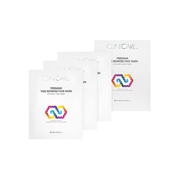 Three ClinicCare Premium Time Reverse Hydrogel Face Mask sachets on white background