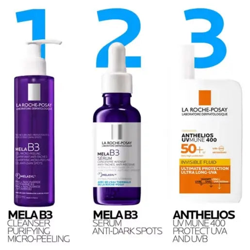 Three La Roche-Posay skincare products with labels on a white background