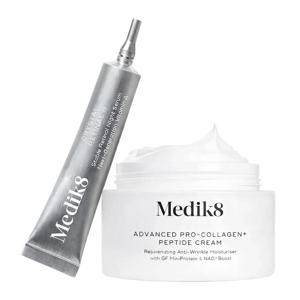 Medik8 Advanced Pro-Collagen + Peptide Cream and Crystal Retinal 6  including a tube and a jar on a white background