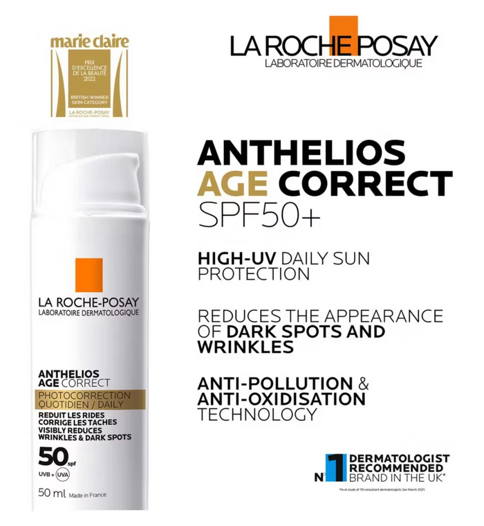 La Roche-Posay Anthelios Age Correct SPF50+ sun protection with text on a white background