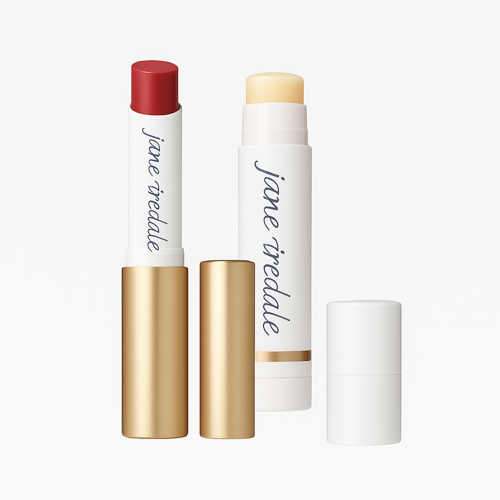 Jane Iredale Colorluxe lipstick in 'scarlet' and the Lipdrink spf in 'sheer' product photos on a white background
