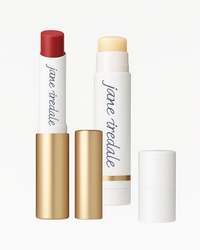 Jane Iredale Colorluxe lipstick in 'scarlet' and the Lipdrink spf in 'sheer' product photos on a white background